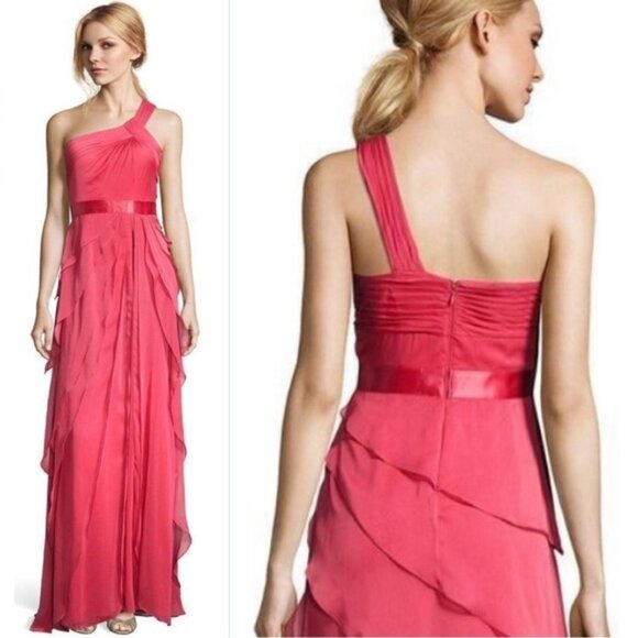 ADRIANNA PAPELL Navy Chiffon Draped One Shoulder Flutter Maxi Formal Dress sz 2 - Picture 9 of 9